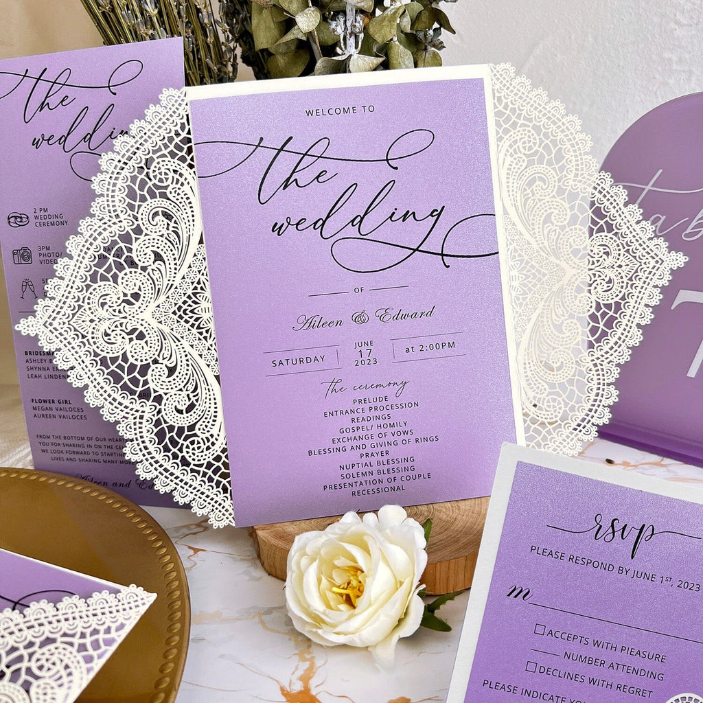 Elegant Lavender Wedding Invitation, Customized Lace Invite Cards, Wedding Ceremony Program Wedding Ceremony Supplies Picky Bride 