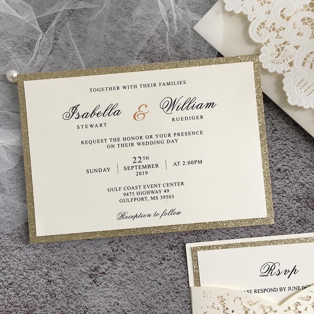 Champagne Laser Cut Lace Pocketfold Wedding Invitation + Wedding