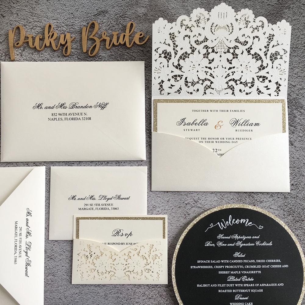 Elegant Pocket Wedding Invitations Suite Laser Cut Lace Wedding Invitation with RSVP Cards Picky Bride 