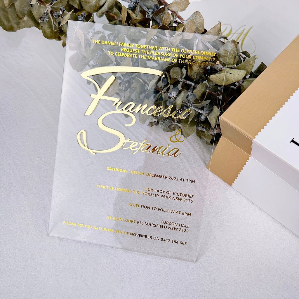 Embossed Bride Groom Names Transparent Acrylic Invitations, Gold Foil