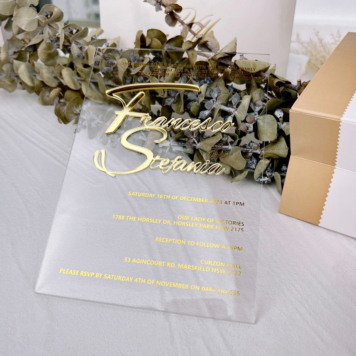 Embossed Bride Groom Names Transparent Acrylic Invitations, Gold Foil