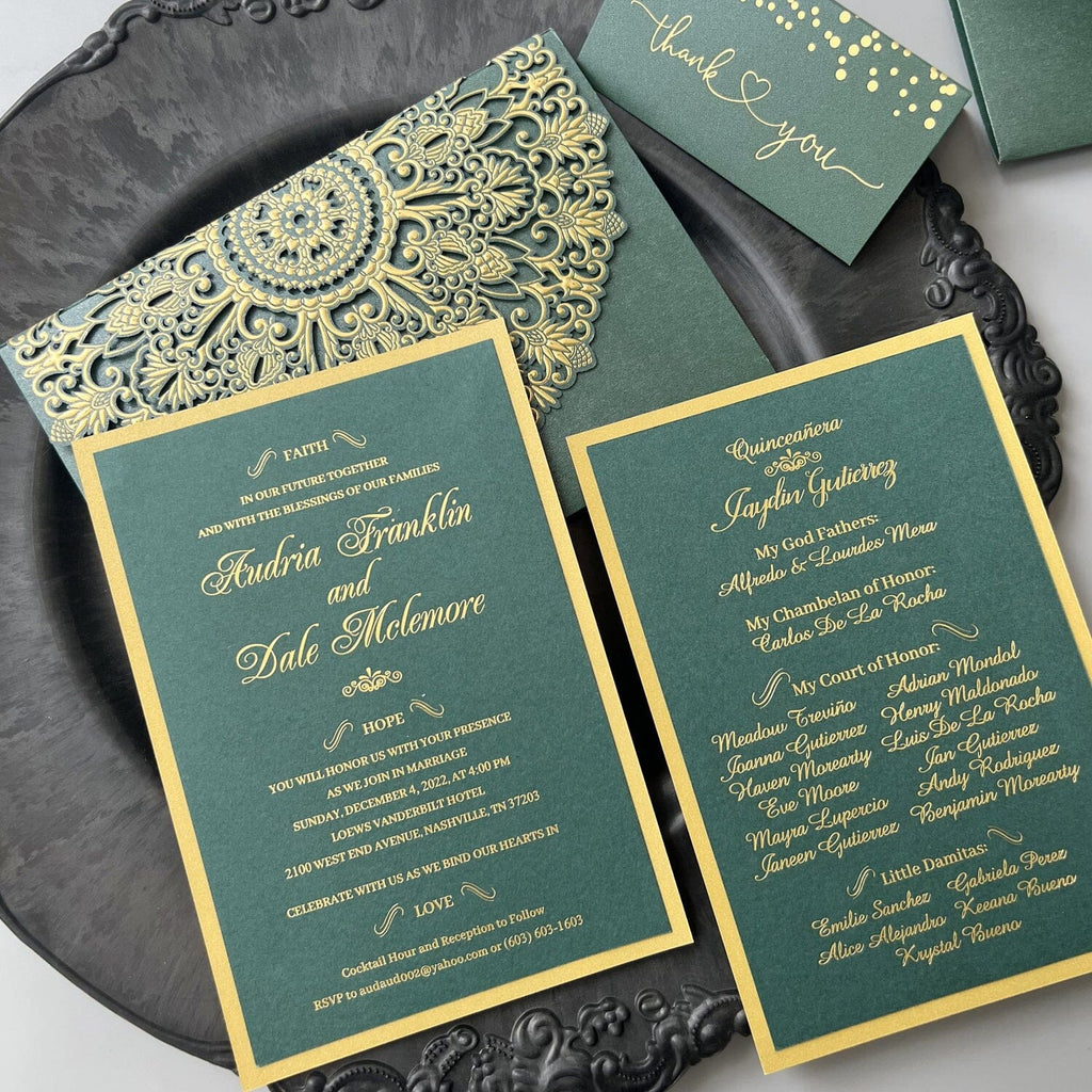 Embossed Jungle Wedding Invitation Suites, Forest Green and Gold Foil Wedding Invites, Pocket Invitations Wedding Ceremony Supplies Picky Bride 