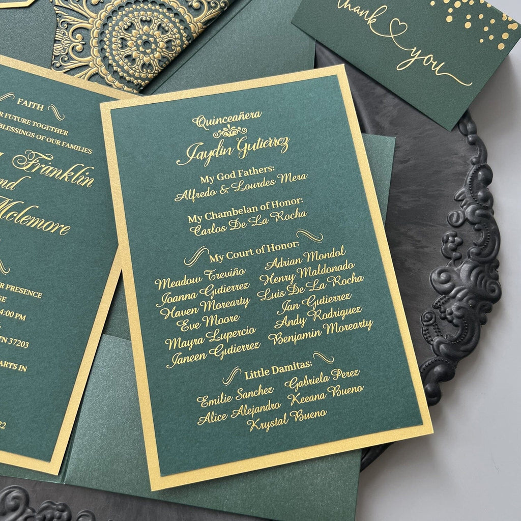 Embossed Jungle Wedding Invitation Suites, Forest Green and Gold Foil Wedding Invites, Pocket Invitations Wedding Ceremony Supplies Picky Bride 