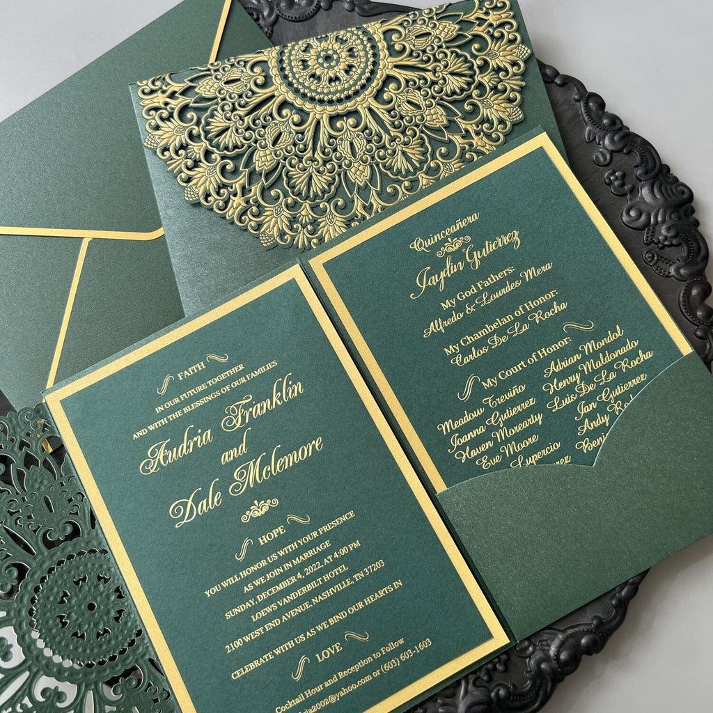 Embossed Jungle Wedding Invitation Suites, Forest Green and Gold Foil Wedding Invites, Pocket Invitations Wedding Ceremony Supplies Picky Bride 