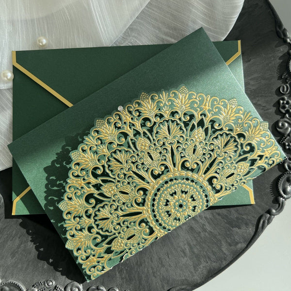 Embossed Jungle Wedding Invitation Suites, Forest Green and Gold Foil Wedding Invites, Pocket Invitations Wedding Ceremony Supplies Picky Bride 