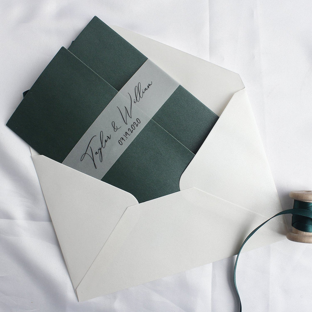 Emerald Green Pocket Wedding Invitations Modern Calligraphy Wedding Cards Customized Invitations with Photo Picky Bride 