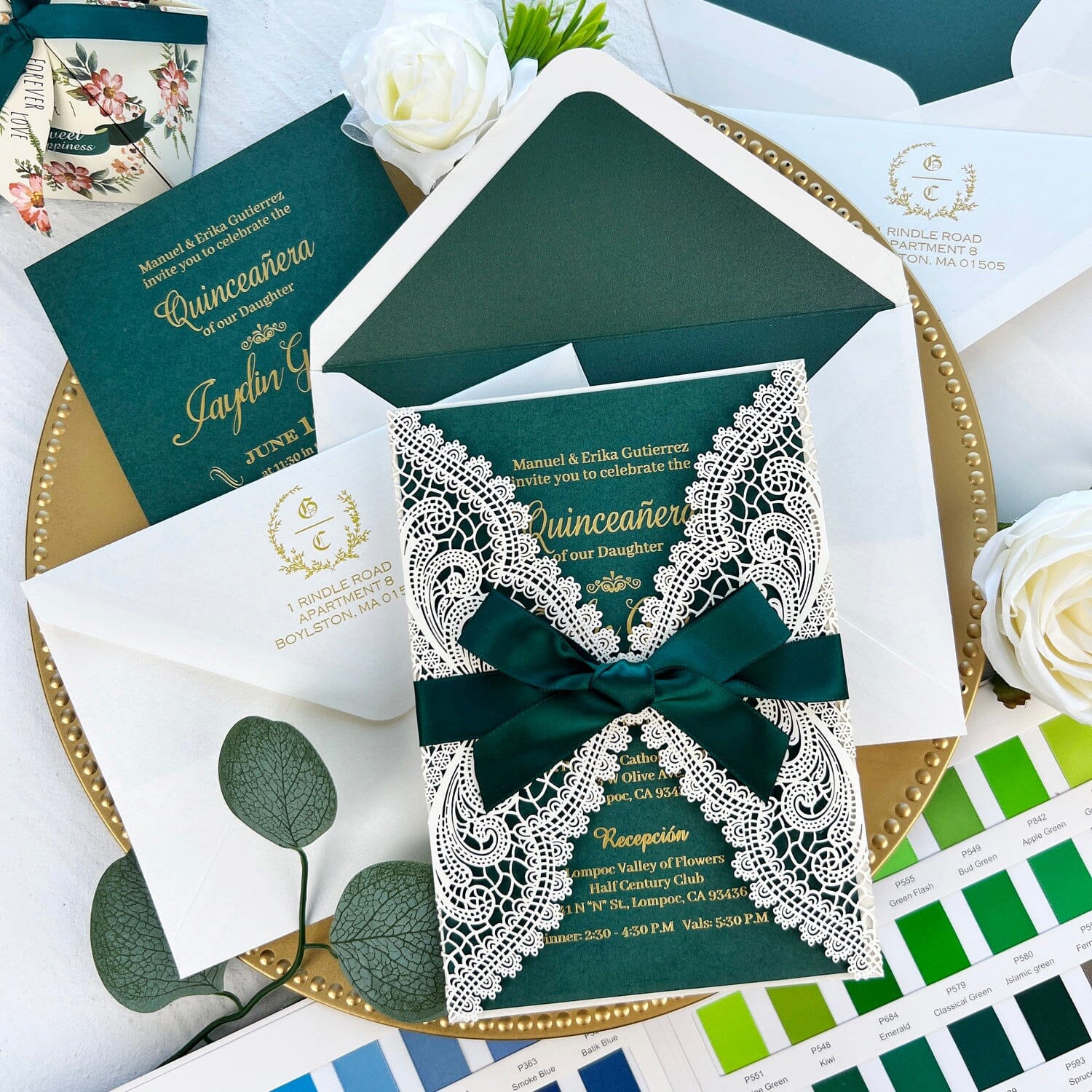 Emerald Green Quinceanera Invitation Sweet 16, Gold Foil Sweet Sixteen