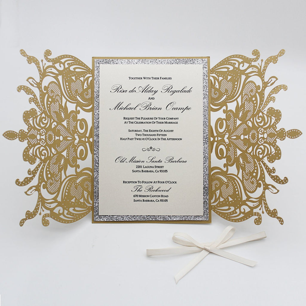 Fancy Golden Flower Invitations For Wedding, Gold Glitter Bridal Shower Invitations Picky Bride 