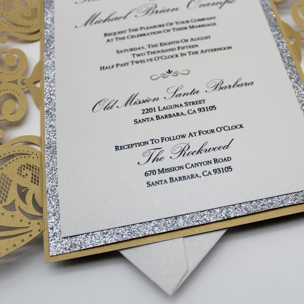 Fancy Golden Flower Invitations For Wedding, Gold Glitter Bridal Shower Invitations Picky Bride 