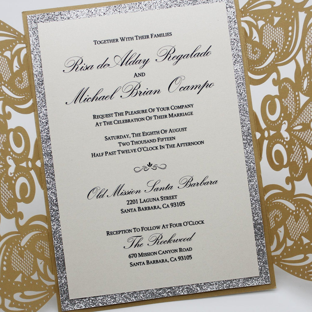 Fancy Golden Flower Invitations For Wedding, Gold Glitter Bridal Shower Invitations Picky Bride 