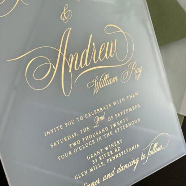 FROSTED Lucite Acrylic Wedding Invitations, Calligraphy Foil Gold Printing Transparent Invites With Burgundy Envelopes Picky Bride 
