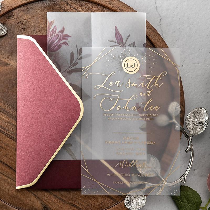 FROSTED Lucite Acrylic Wedding Invitations, Calligraphy Foil Gold Printing Transparent Invites With Burgundy Envelopes Picky Bride 