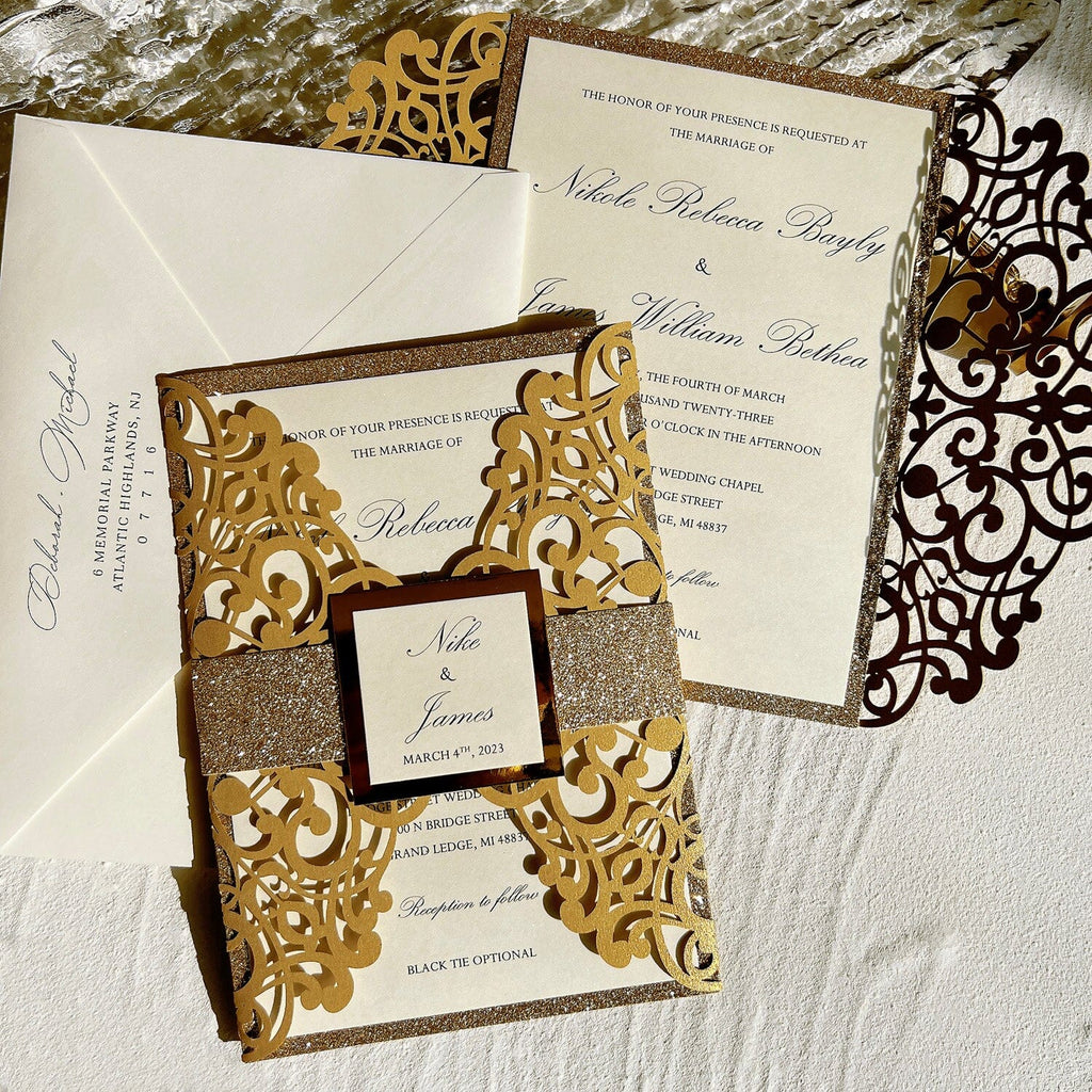 Glitter Gold Laser Cut Wedding Invitations Suite with Bellyband Wedding Ceremony Supplies Picky Bride 