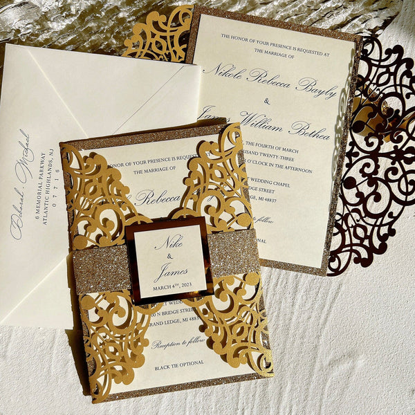 Glitter Gold Laser Cut Wedding Invitations Suite with Bellyband Wedding Ceremony Supplies Picky Bride 