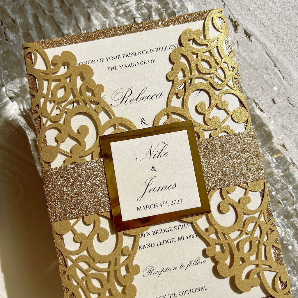 Customized Gold Foil Wedding Invitations with Glitter Bellyband and En