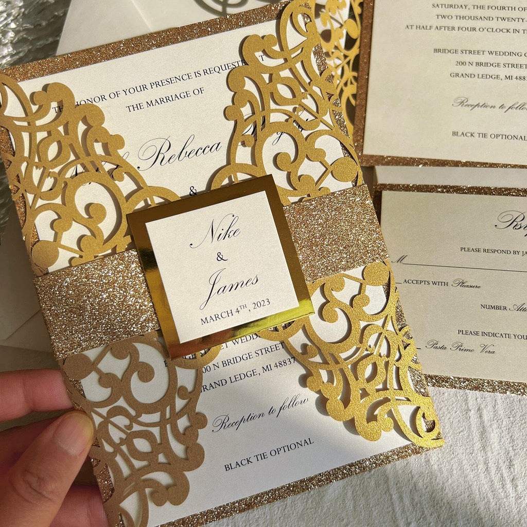 Glitter Gold Laser Cut Wedding Invitations Suite with Bellyband Wedding Ceremony Supplies Picky Bride 