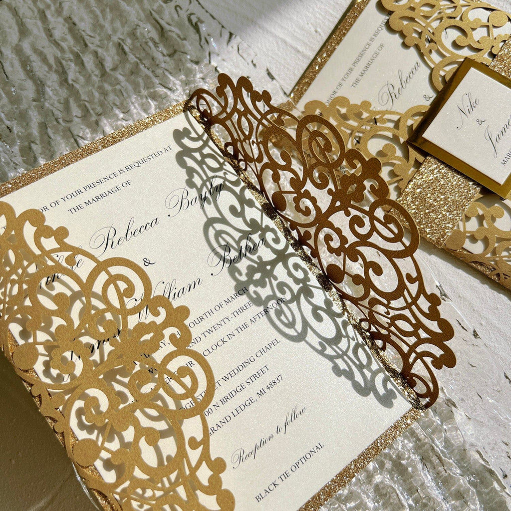 Glitter Gold Laser Cut Wedding Invitations Suite with Bellyband Wedding Ceremony Supplies Picky Bride 