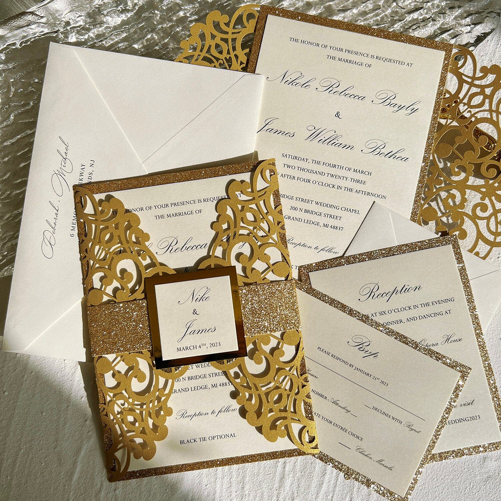 Glitter Gold Laser Cut Wedding Invitations Suite with Bellyband Wedding Ceremony Supplies Picky Bride 