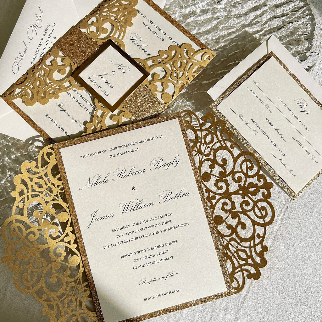 Glitter Gold Laser Cut Wedding Invitations Suite with Bellyband Wedding Ceremony Supplies Picky Bride 