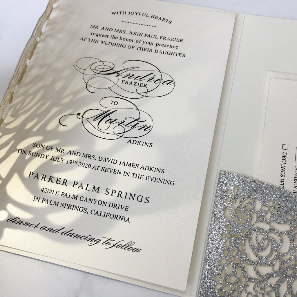 Glitter Paper Wedding Invitations Silver Laser Cut Invitations Card with Ivory Inner Card and RSVP Cards Picky Bride 