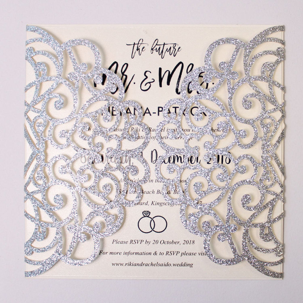 Glitter Silver Laser Cut Invitations With Envelopes for Luxury Wedding Picky Bride 