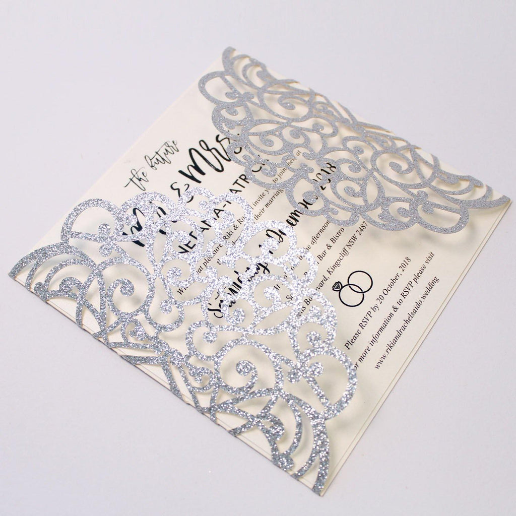 Glitter Silver Laser Cut Invitations With Envelopes for Luxury Wedding Picky Bride 