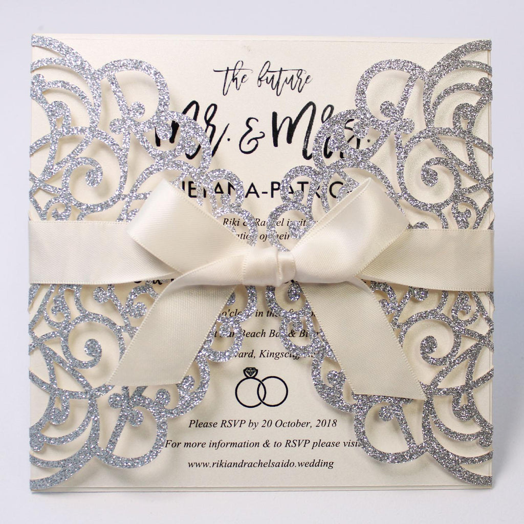 Glitter Silver Laser Cut Invitations With Envelopes for Luxury Wedding Picky Bride 