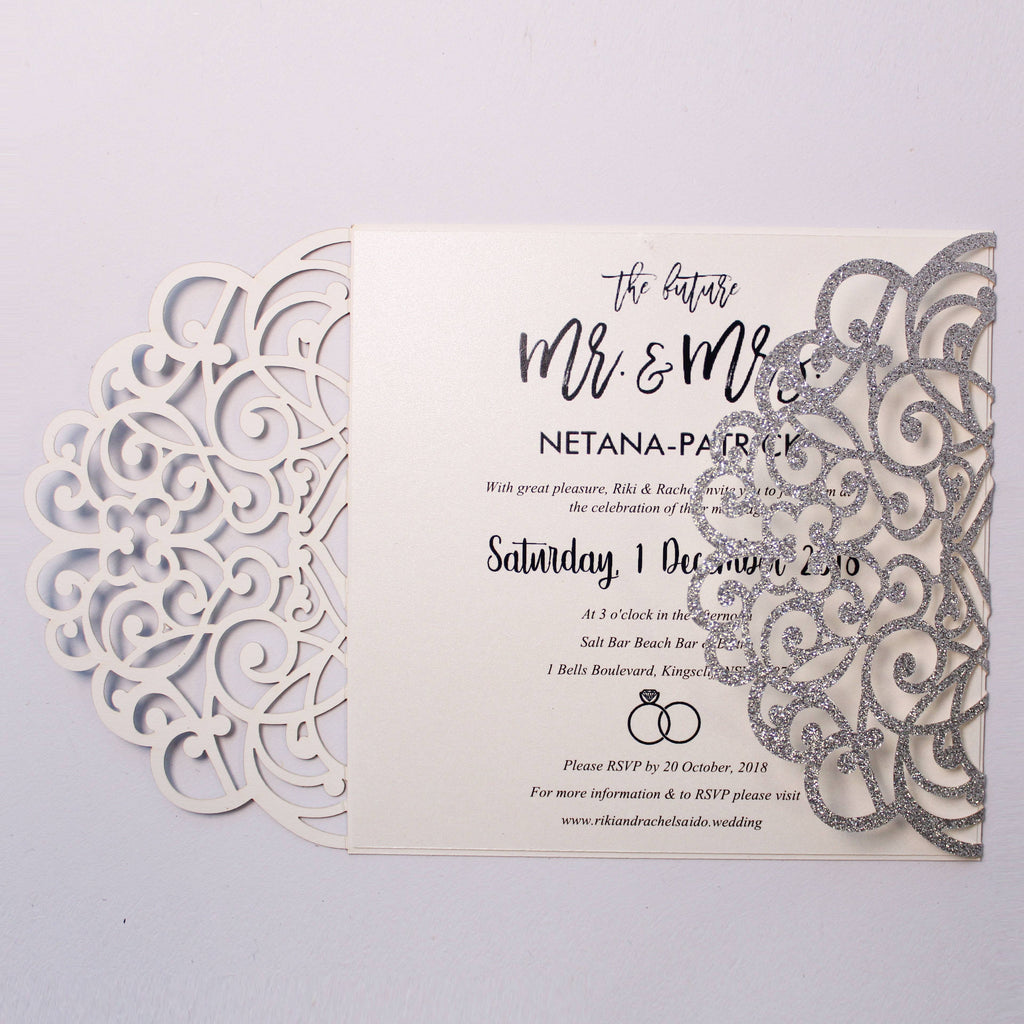 Glitter Silver Laser Cut Invitations With Envelopes for Luxury Wedding Picky Bride 