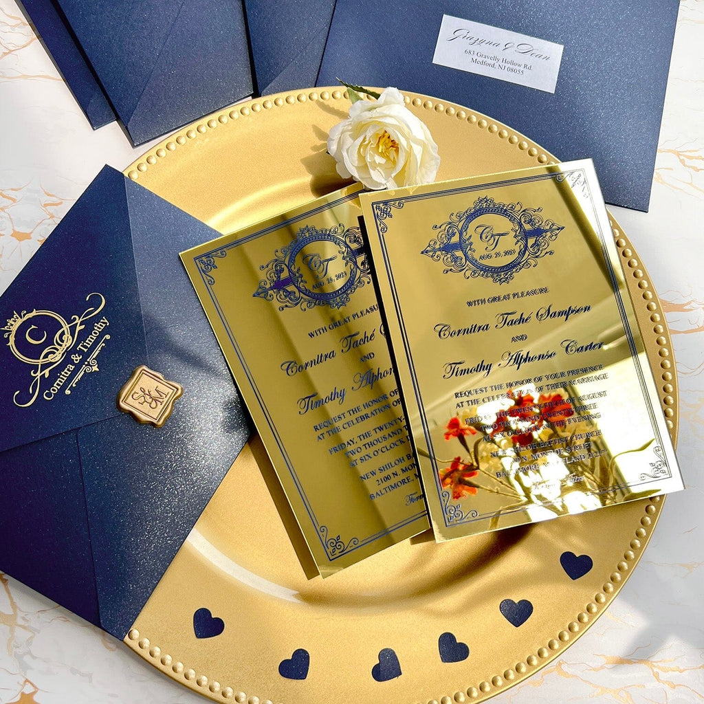 Gold and Navy Mirror Wedding Invitation, Wedding Acrylic Invitations, Monogram Gold Wedding Card Wedding Ceremony Supplies Picky Bride 