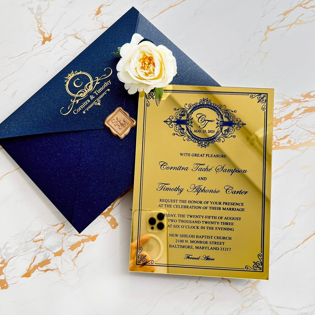 Gold and Navy Mirror Wedding Invitation, Wedding Acrylic Invitations, Monogram Gold Wedding Card Wedding Ceremony Supplies Picky Bride 