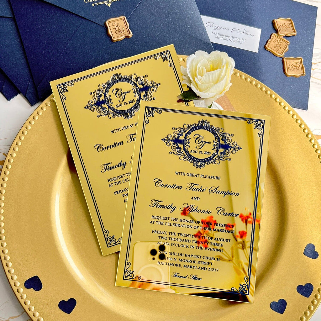 Gold and Navy Mirror Wedding Invitation, Wedding Acrylic Invitations, Monogram Gold Wedding Card Wedding Ceremony Supplies Picky Bride 