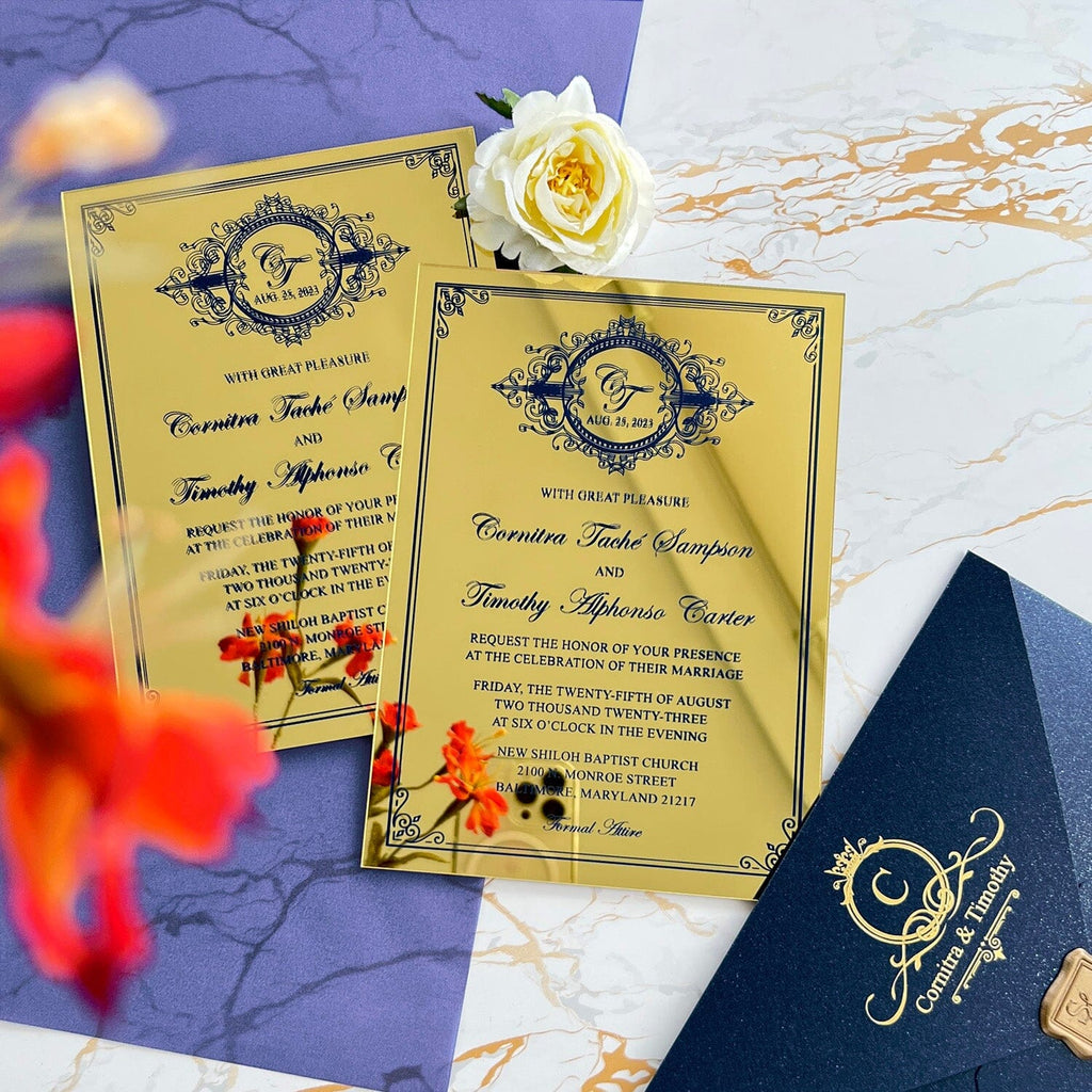Gold and Navy Mirror Wedding Invitation, Wedding Acrylic Invitations, Monogram Gold Wedding Card Wedding Ceremony Supplies Picky Bride 