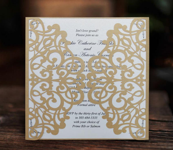 Gold and White Wedding Invitation Set, Gold Lace Invitation Cards Picky Bride 