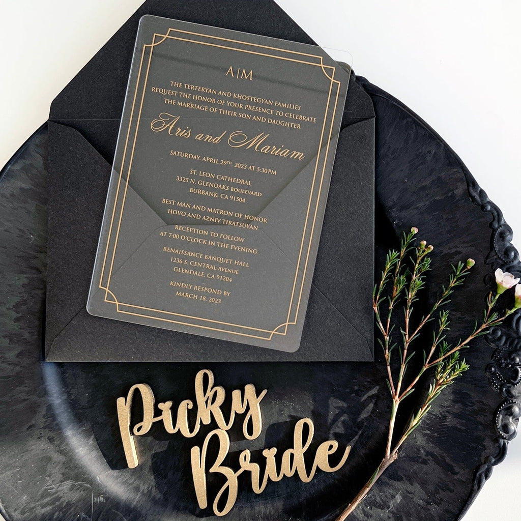 Gold Foil Acrylic Wedding Invitations with 250GSM Envelope, Clear Transparent Invitation, Business Invites Picky Bride 