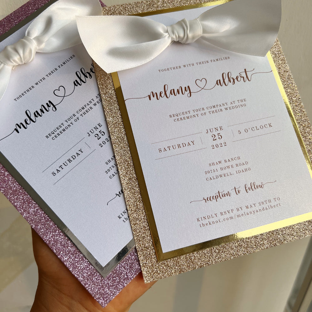 Gold Glitter Multi Layers Wedding Invitations with Ribbon Bow, Customized Invite Wording Wedding Ceremony Supplies Picky Bride 