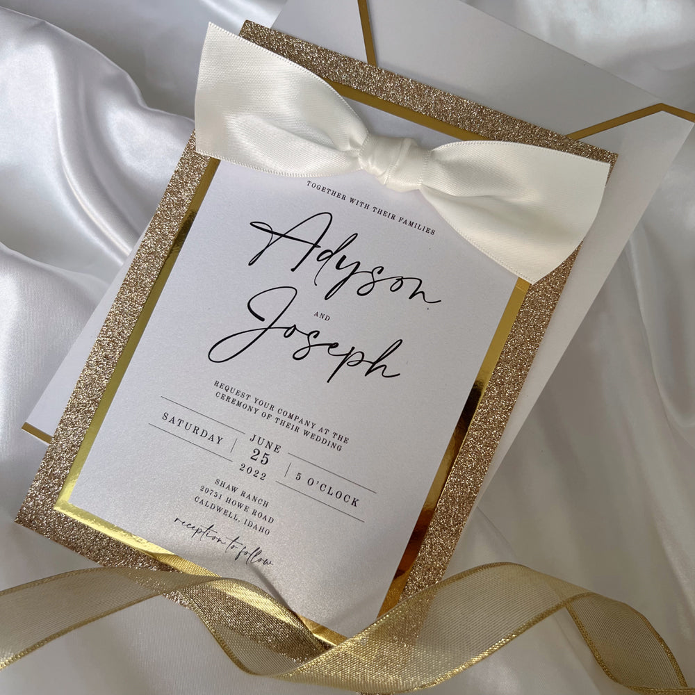 Gold Glitter Multi Layers Wedding Invitations with Ribbon Bow, Customi