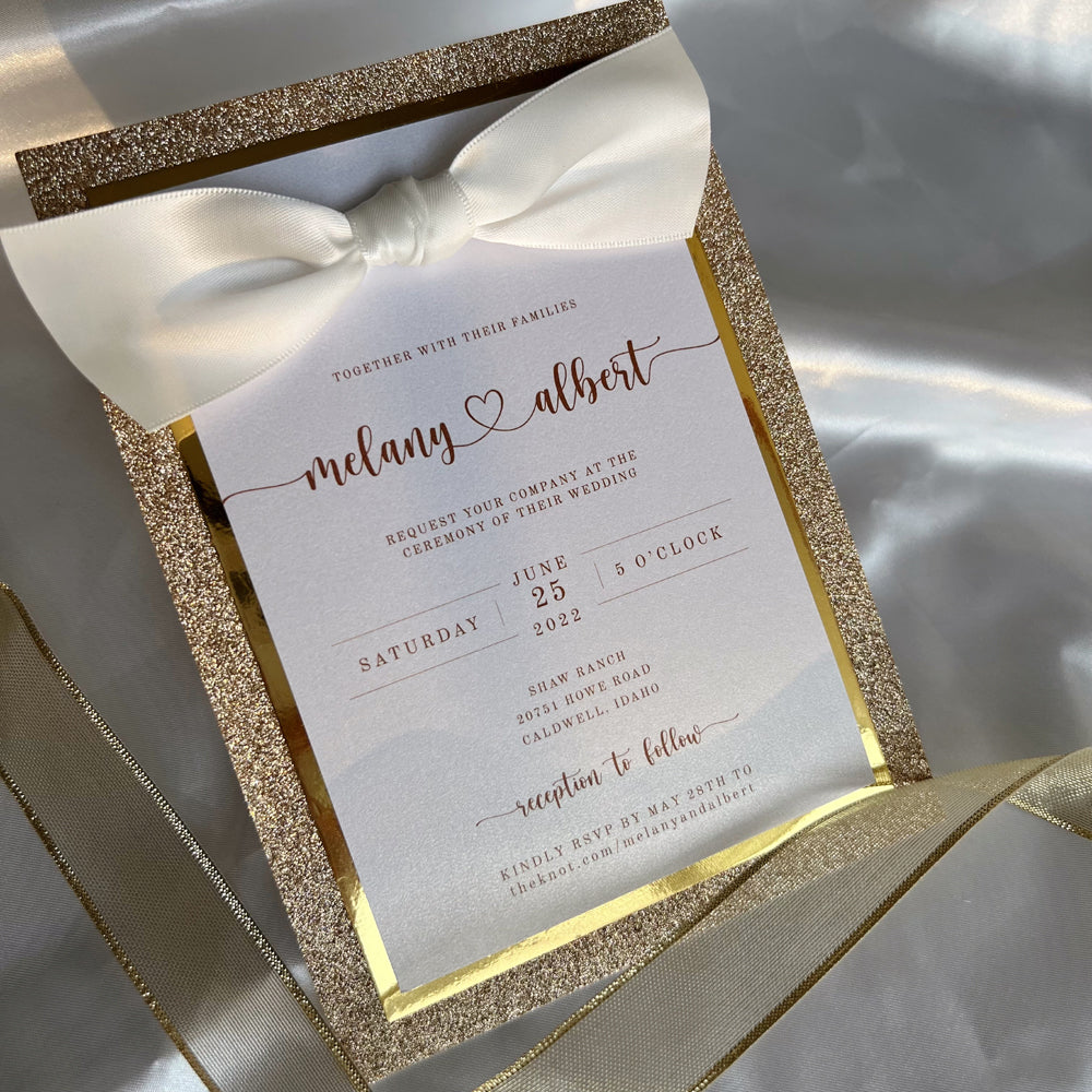 Gold Glitter Multi Layers Wedding Invitations with Ribbon Bow, Customized Invite Wording Wedding Ceremony Supplies Picky Bride 