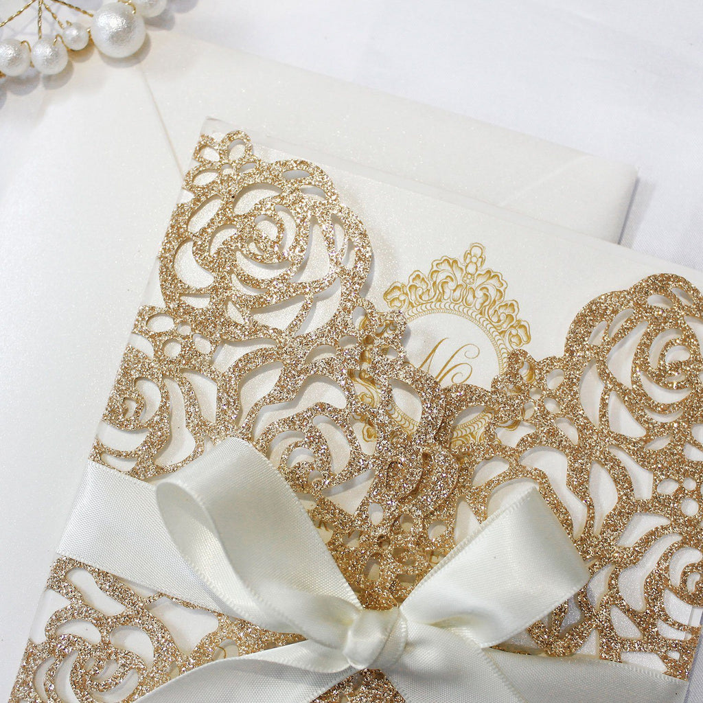 Gold Glitter Rose Wedding Invitation Picky Bride 