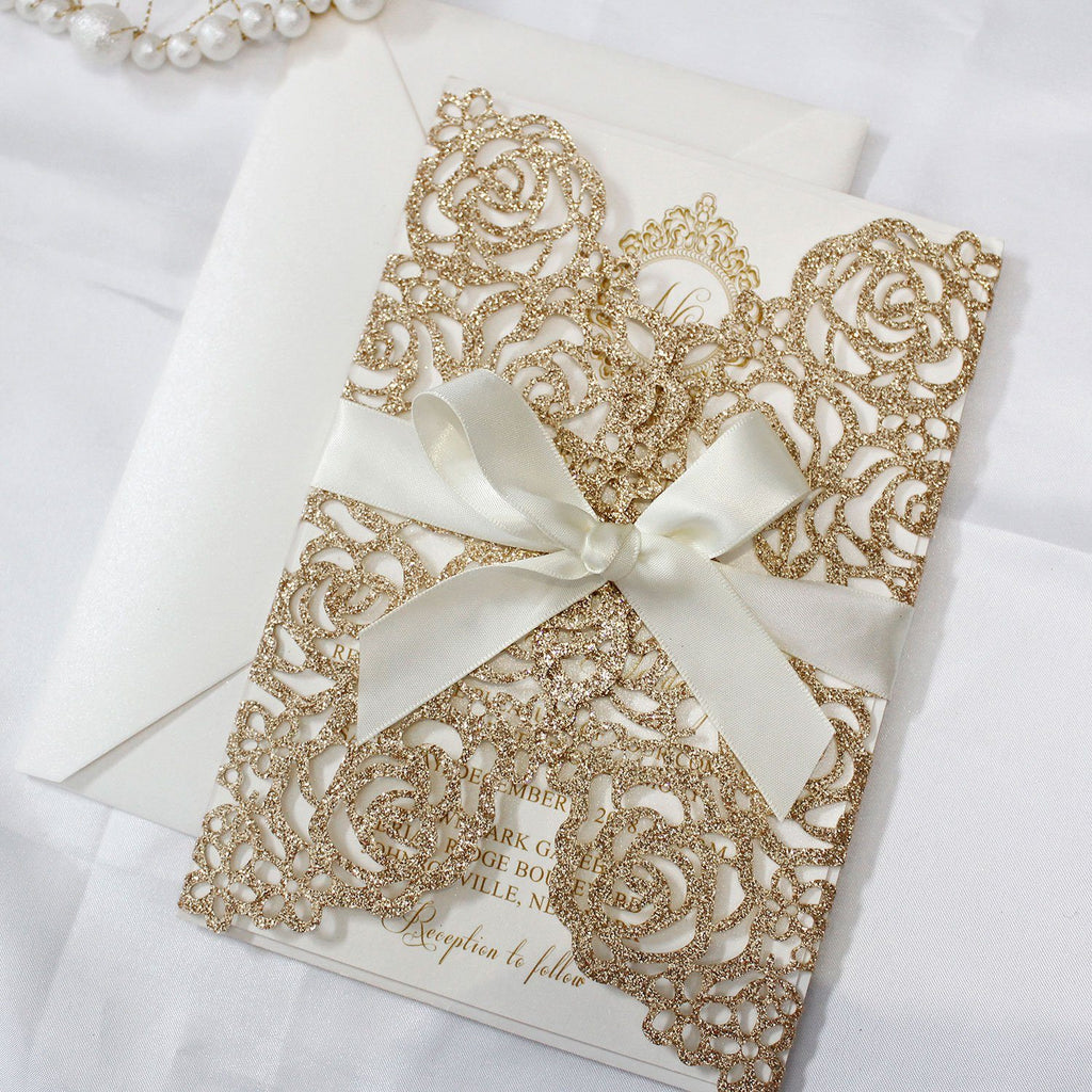 Gold Glitter Rose Wedding Invitation Picky Bride 