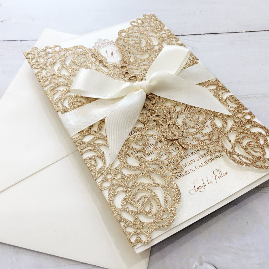 Gold Glitter Rose Wedding Invitation Picky Bride 