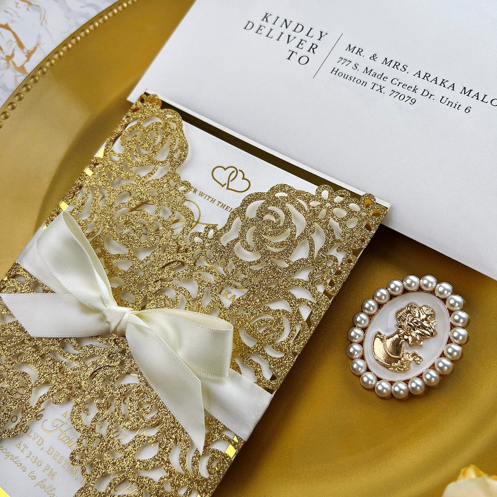 Gold Glitter Rose Wedding Invitations, Luxury Foil Gold Wedding Invitation with Laser Cut Gate Wedding Ceremony Supplies Picky Bride 
