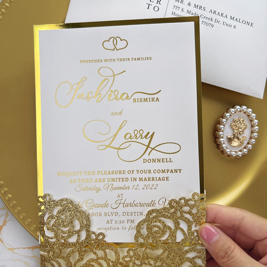 Gold Glitter Rose Wedding Invitations, Luxury Foil Gold Wedding Invitation with Laser Cut Gate Wedding Ceremony Supplies Picky Bride 