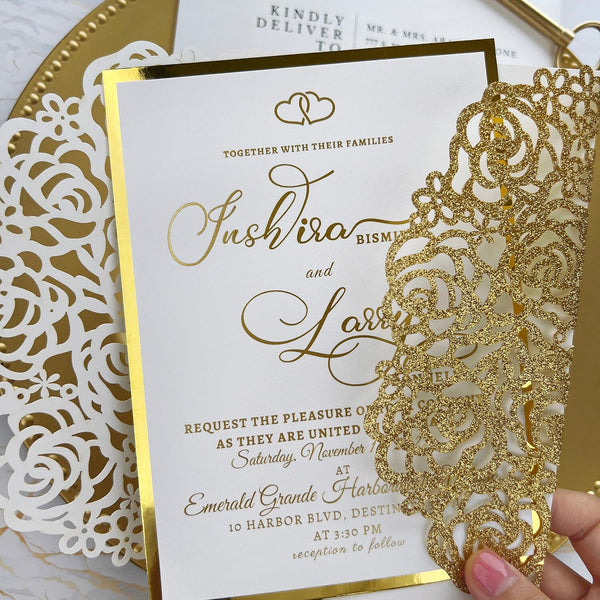 Gold Glitter Rose Wedding Invitations, Luxury Foil Gold Wedding Invitation with Laser Cut Gate Wedding Ceremony Supplies Picky Bride 