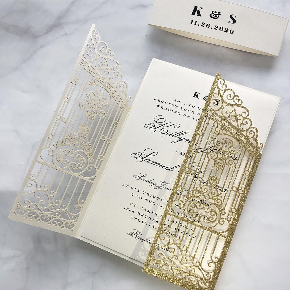 Gold Glitter Wedding Invitation Laser Cutting Invitations Gate Wedding Cards Picky Bride 