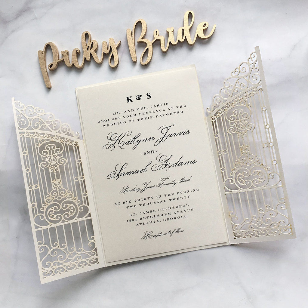 Gold Glitter Wedding Invitation Laser Cutting Invitations Gate Wedding Cards Picky Bride 