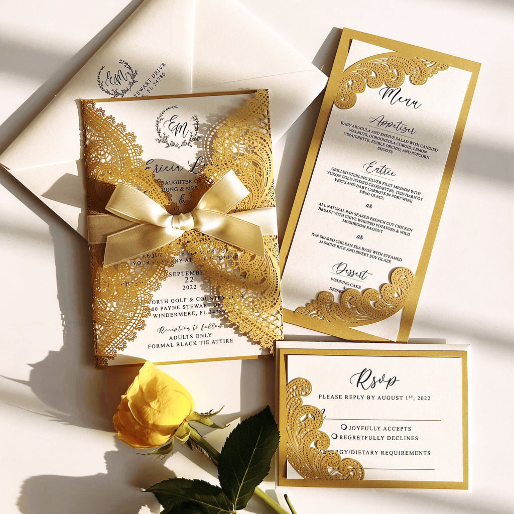 Gold Lace Wedding Invitation Set with Customized Invite Wording, Envelopes Addressing Wedding Ceremony Supplies Picky Bride 