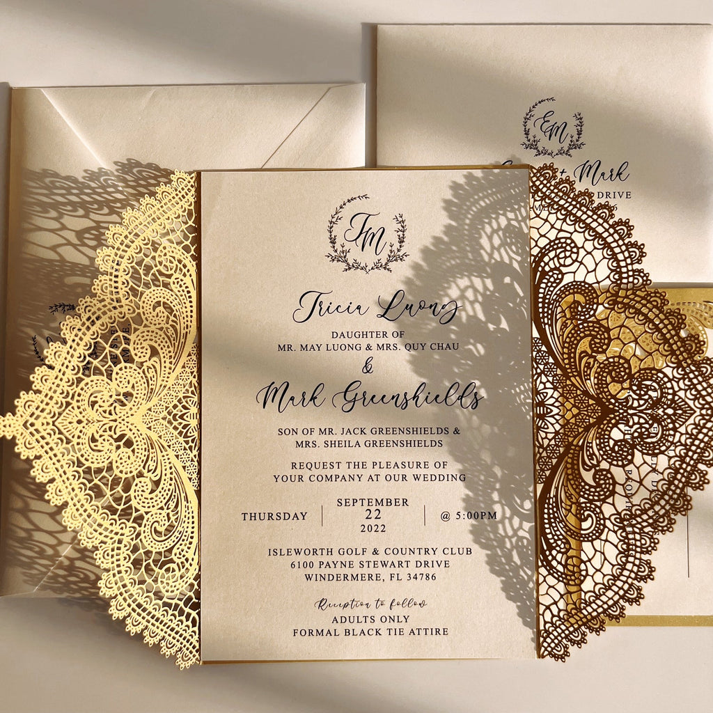 Gold Lace Wedding Invitation Set with Customized Invite Wording, Envelopes Addressing Wedding Ceremony Supplies Picky Bride 