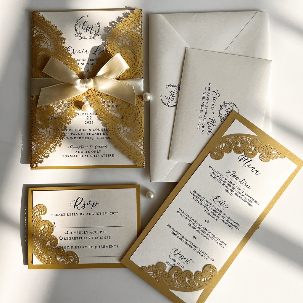 Gold Lace Wedding Invitation Set with Customized Invite Wording, Envelopes Addressing Wedding Ceremony Supplies Picky Bride 