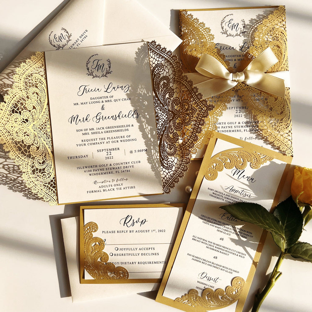 Gold Lace Wedding Invitation Set with Customized Invite Wording, Envelopes Addressing Wedding Ceremony Supplies Picky Bride 