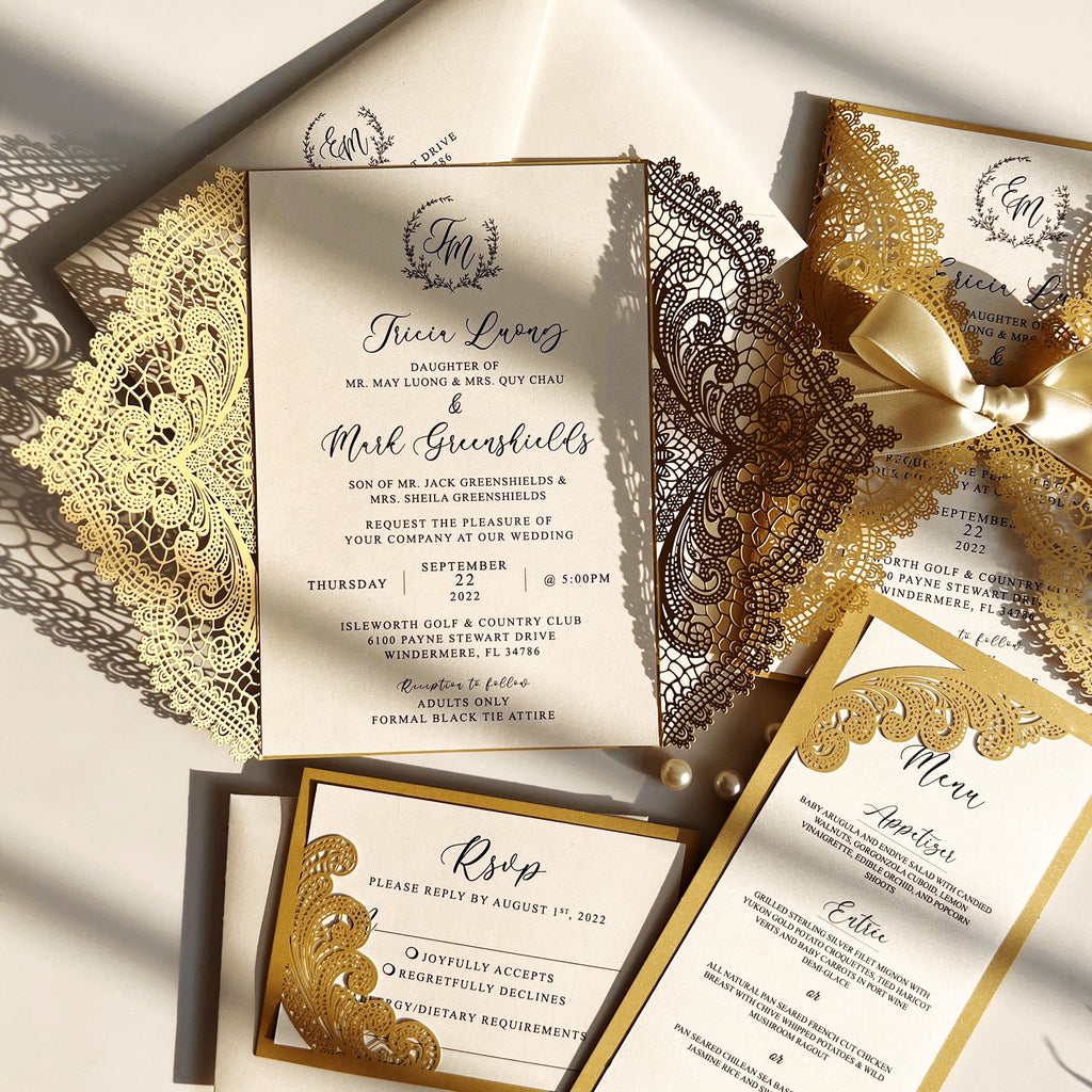 Gold Lace Wedding Invitation Set with Customized Invite Wording, Envelopes Addressing Wedding Ceremony Supplies Picky Bride 